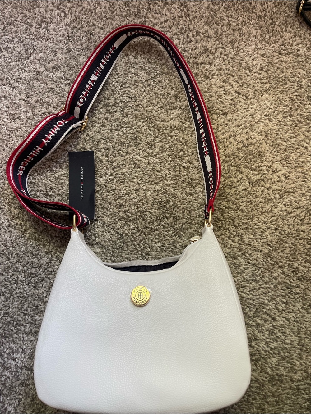 Tommy Hilfiger White Pebble Leather Shoulder Bag with Branded Strap